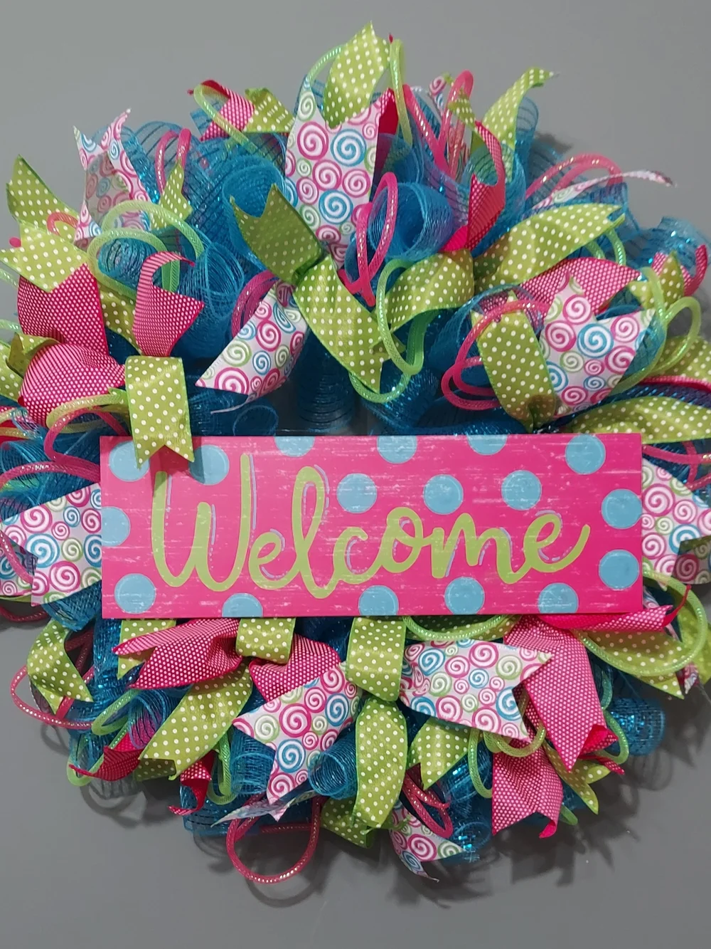 Hand Crafted Pink, Green & Blue Welcome Wreath